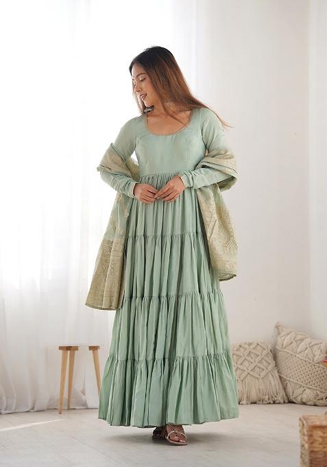 Pista Jacquard Work Dupatta Silk Kurta Set