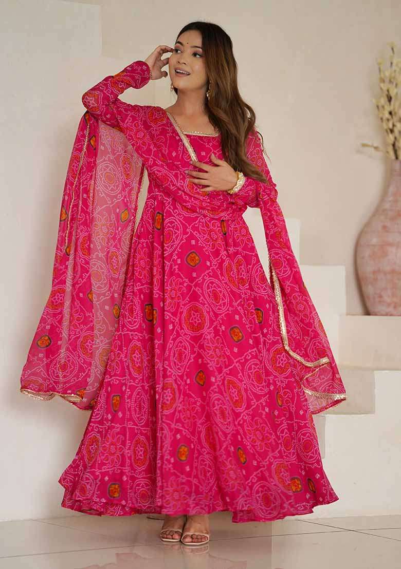 Rani Pink Printed Work Chiffon Kurta Set - Indya
