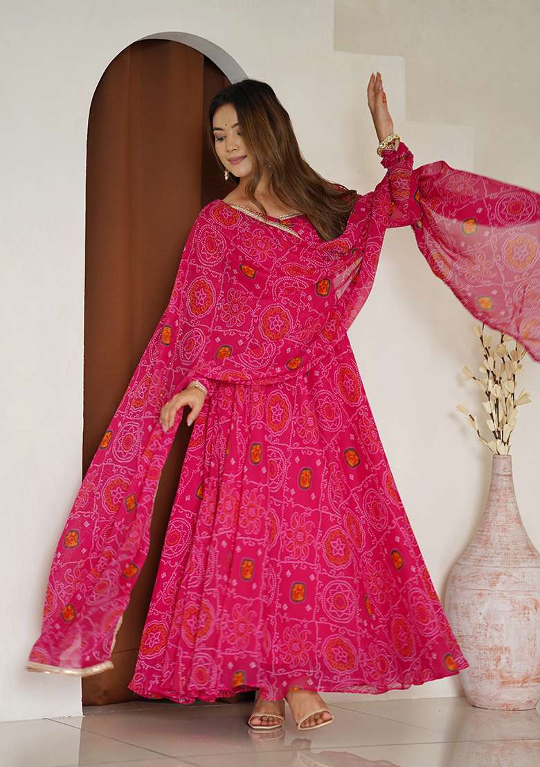 Rani Pink Printed Work Chiffon Kurta Set - Indya