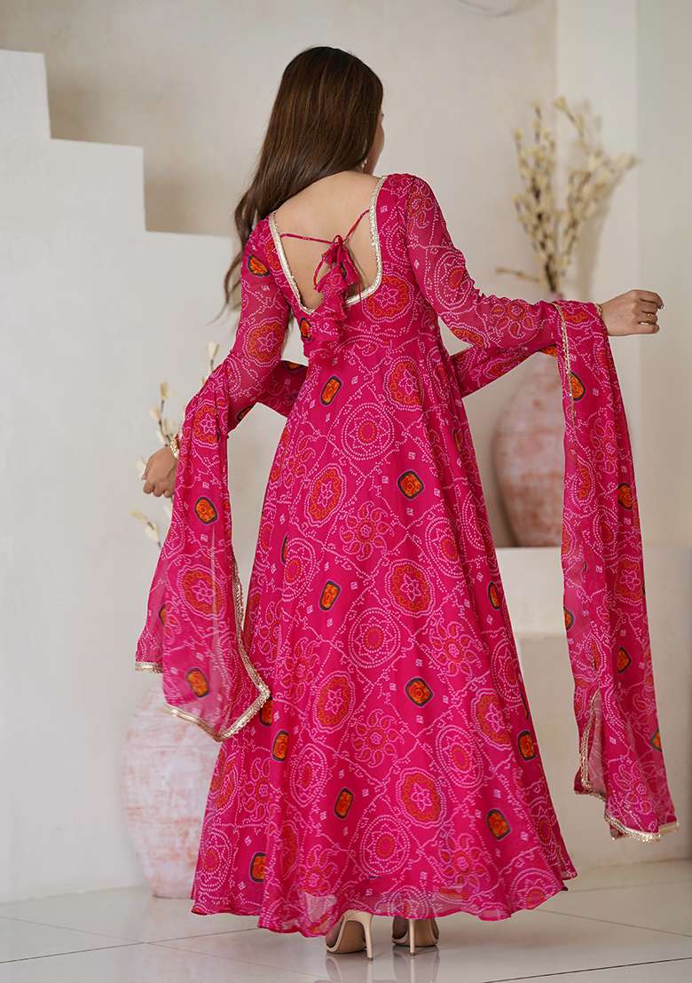 Rani Pink Printed Work Chiffon Kurta Set - Indya