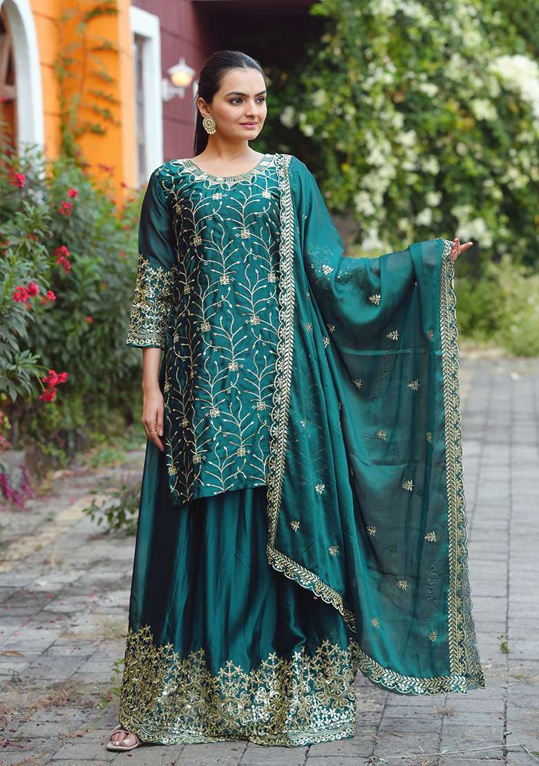 Teal Embroidered Blended Sharara Set - Indya