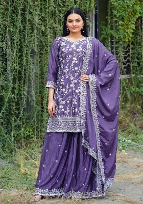 Lavender Embroidery Chinon Kurta Set