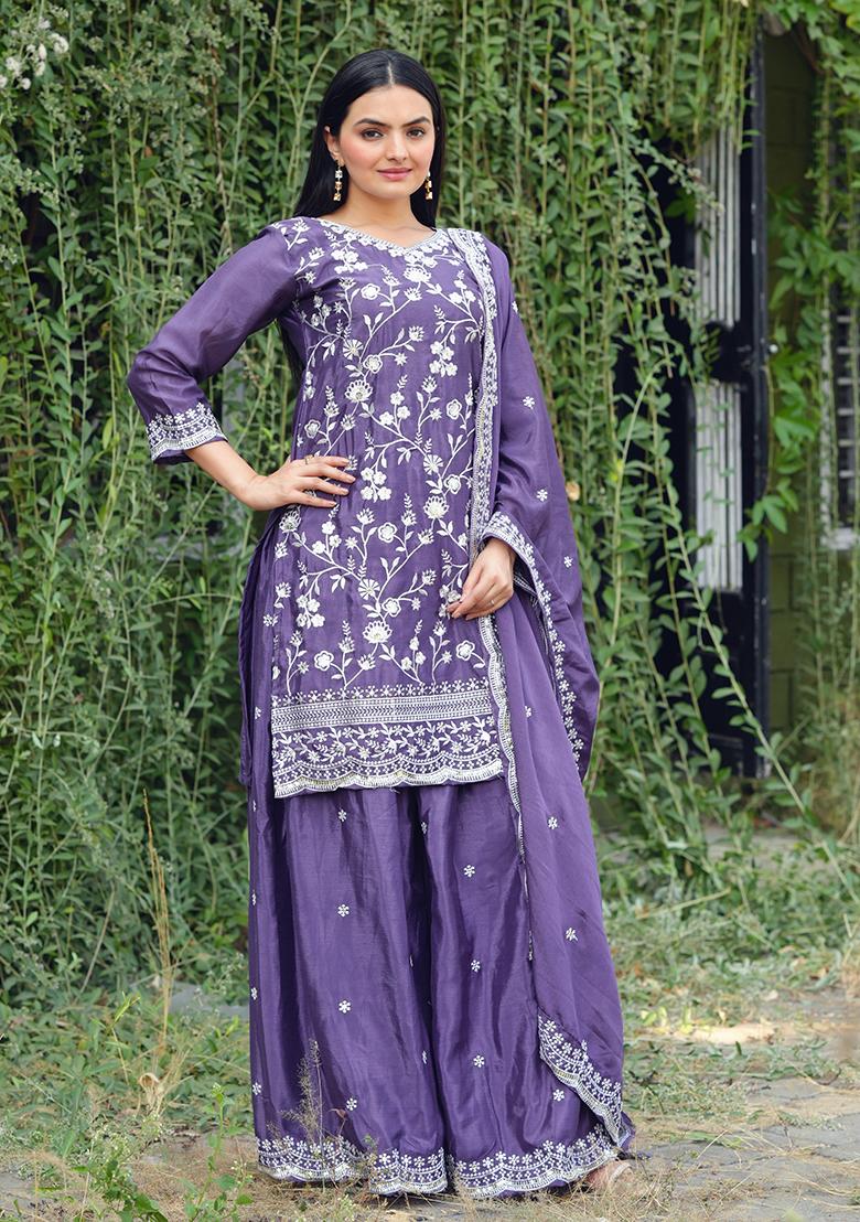 Lavender Embroidery Chinon Kurta Set - Indya
