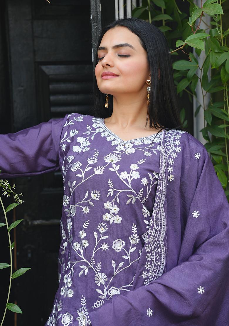 Lavender Embroidery Chinon Kurta Set - Indya