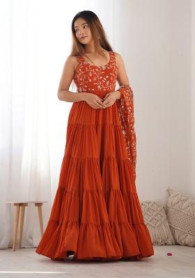 Orange Embroidery Georgette Kurta Set