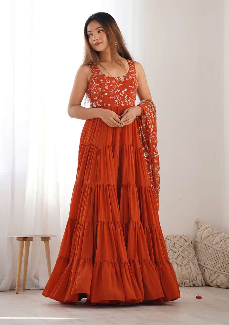 Orange Embroidery Georgette Kurta Set - Indya
