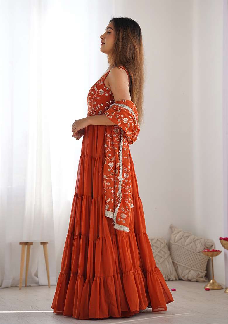 Orange Embroidery Georgette Kurta Set - Indya