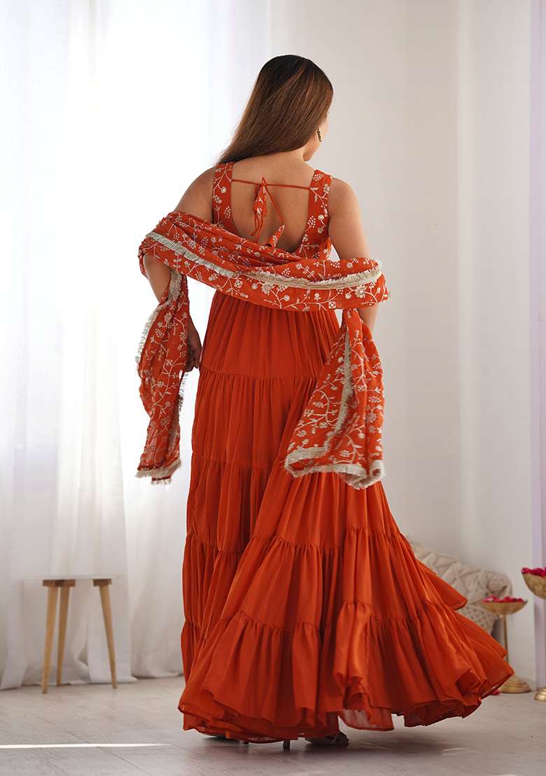 Orange Embroidery Georgette Kurta Set - Indya