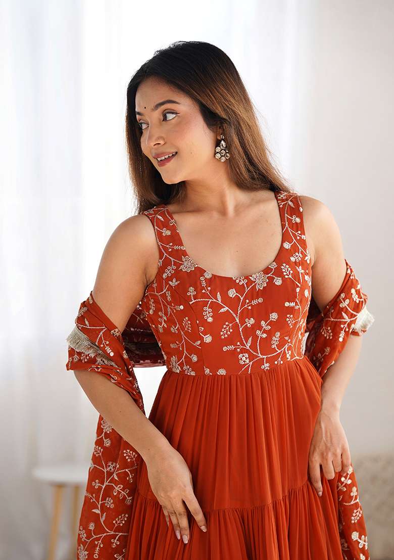Orange Embroidery Georgette Kurta Set - Indya