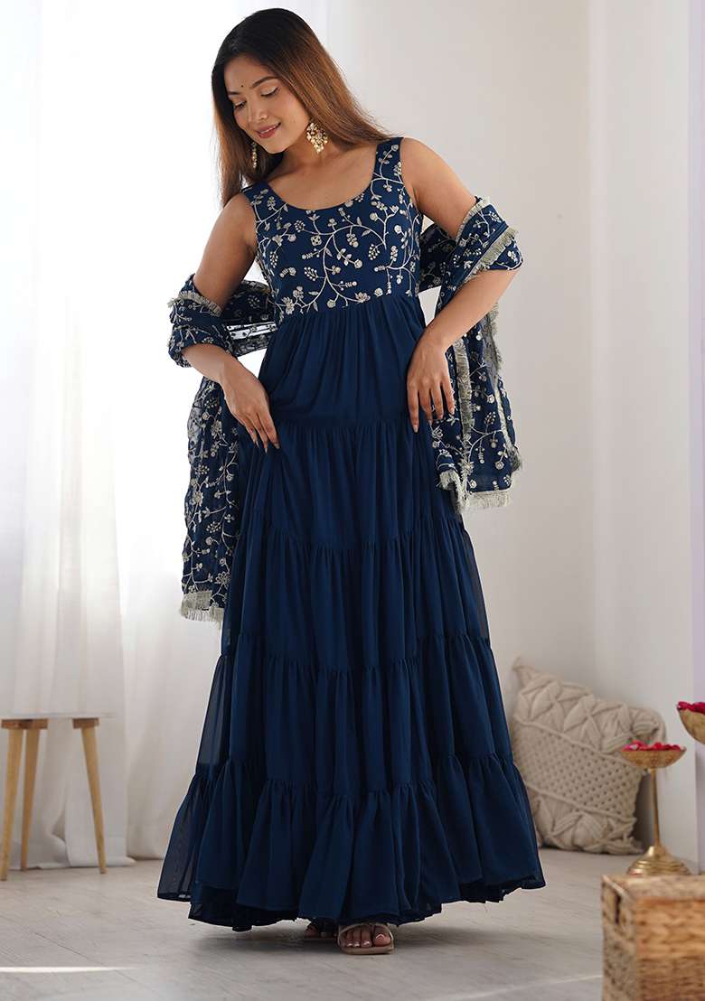 Teal Embroidery Georgette Kurta Set - Indya