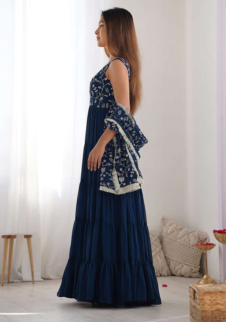 Teal Embroidery Georgette Kurta Set - Indya