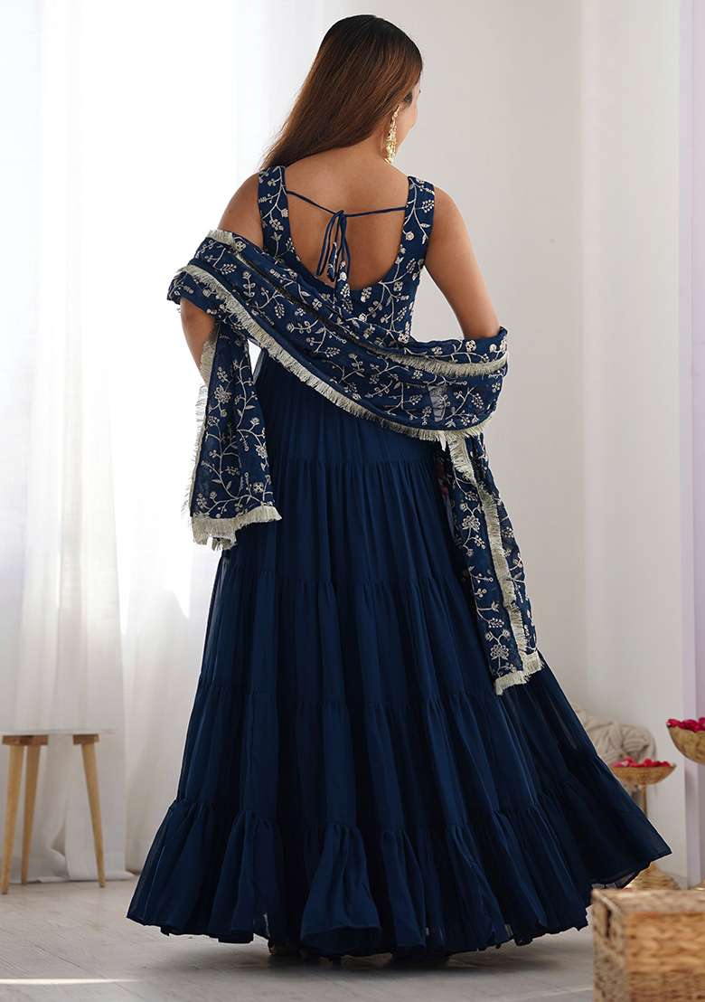 Teal Embroidery Georgette Kurta Set - Indya