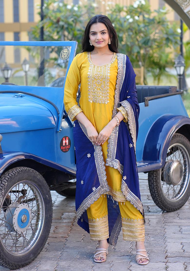 Yellow Embroidery Chinon Kurta Set - Indya