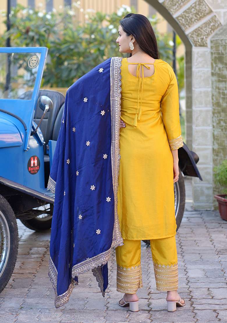 Yellow Embroidered Chinon Straight Kurta Set - Indya