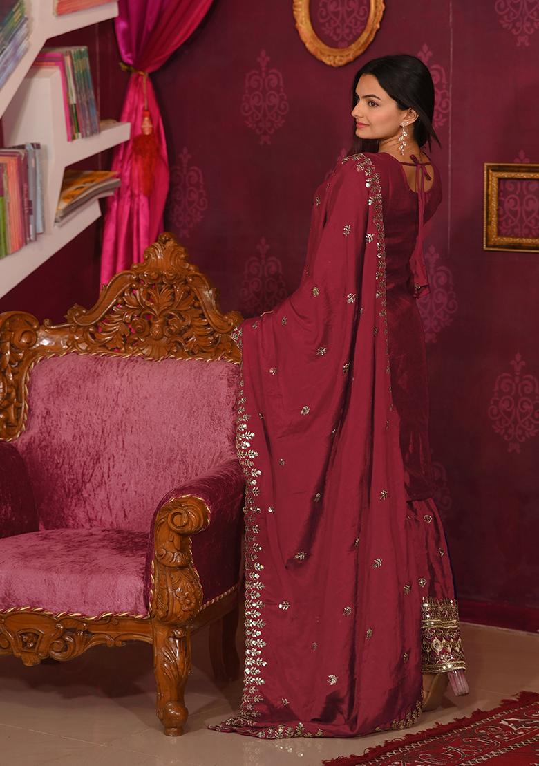 Maroon Embroidery Chinon Kurta Set - Indya