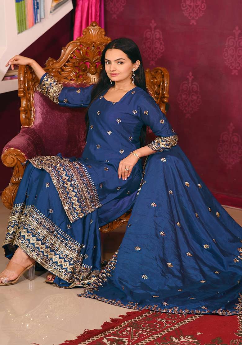 Teal Embroidered Chinon Sharara Set - Indya