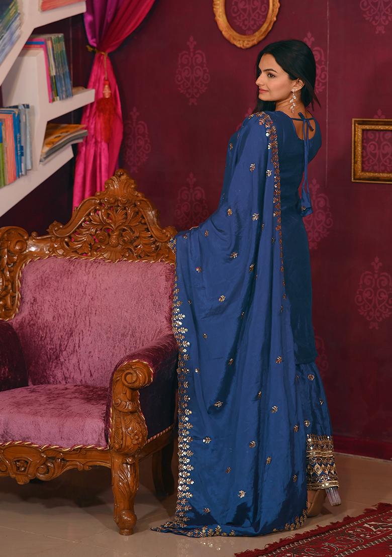 Teal Embroidery Chinon Kurta Set - Indya