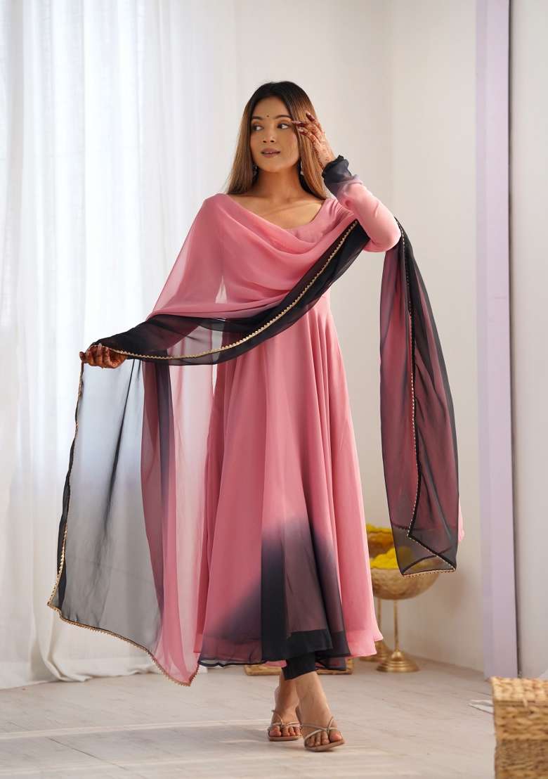 Pink Colorful Tye Dye Georgette Kurta Set - Indya