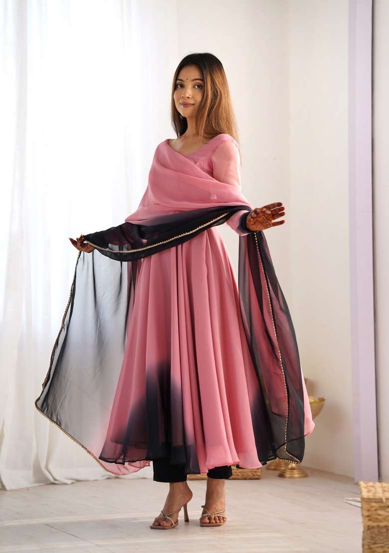 Pink Colorful Tye Dye Georgette Kurta Set - Indya