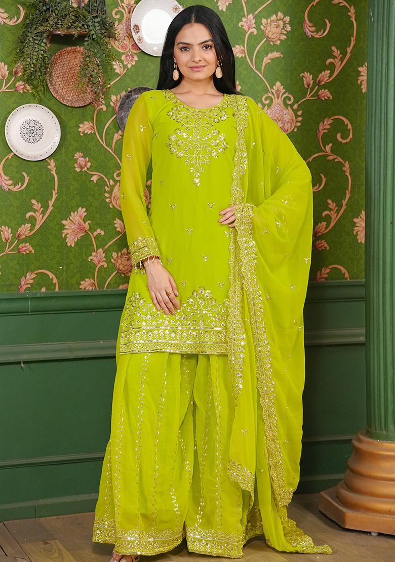 Parrot Green Embroidery Georgette Kurta Set - Indya