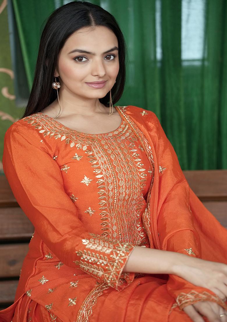 Orange Embroidery Chinon Kurta Set - Indya