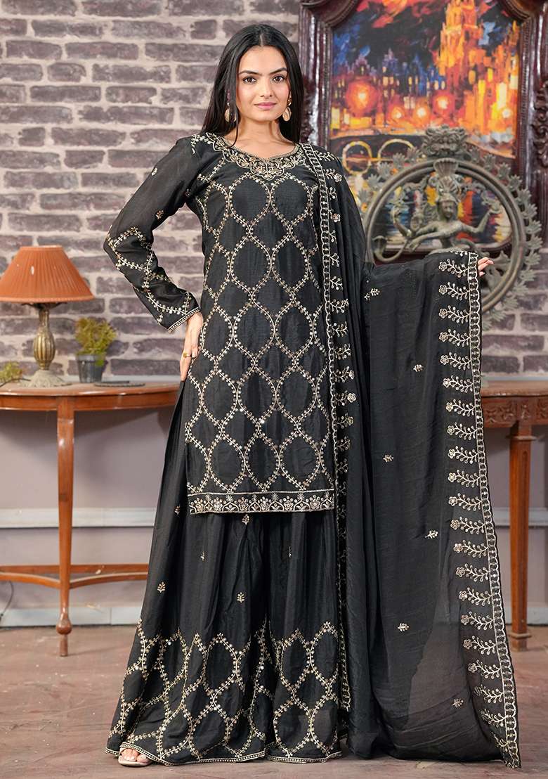 Black Embroidered Chinon Sharara Set - Indya