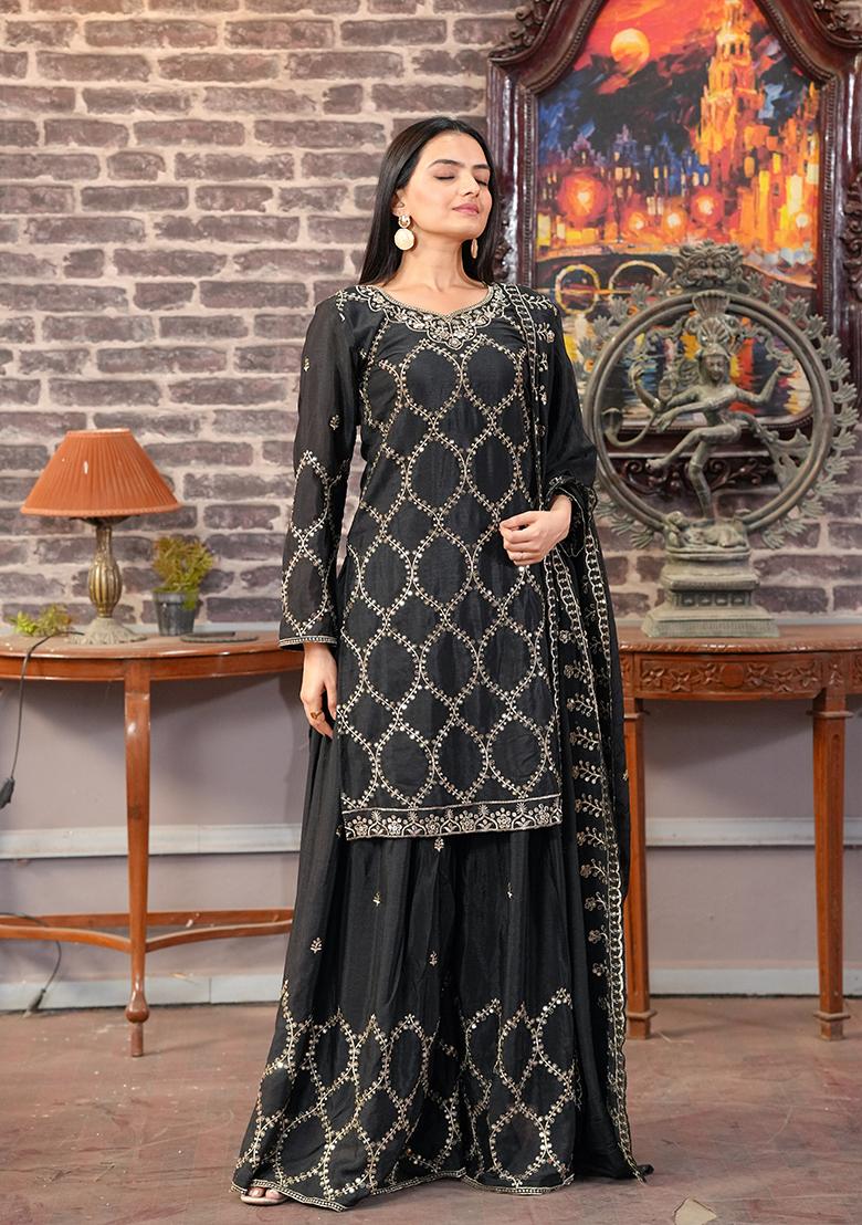 Black Embroidery Chinon Kurta Set - Indya
