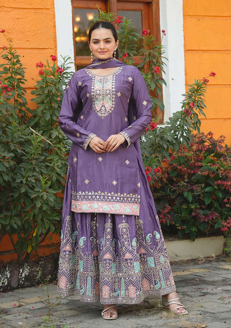 Lavender Embroidered Chinon Sharara Set - Indya