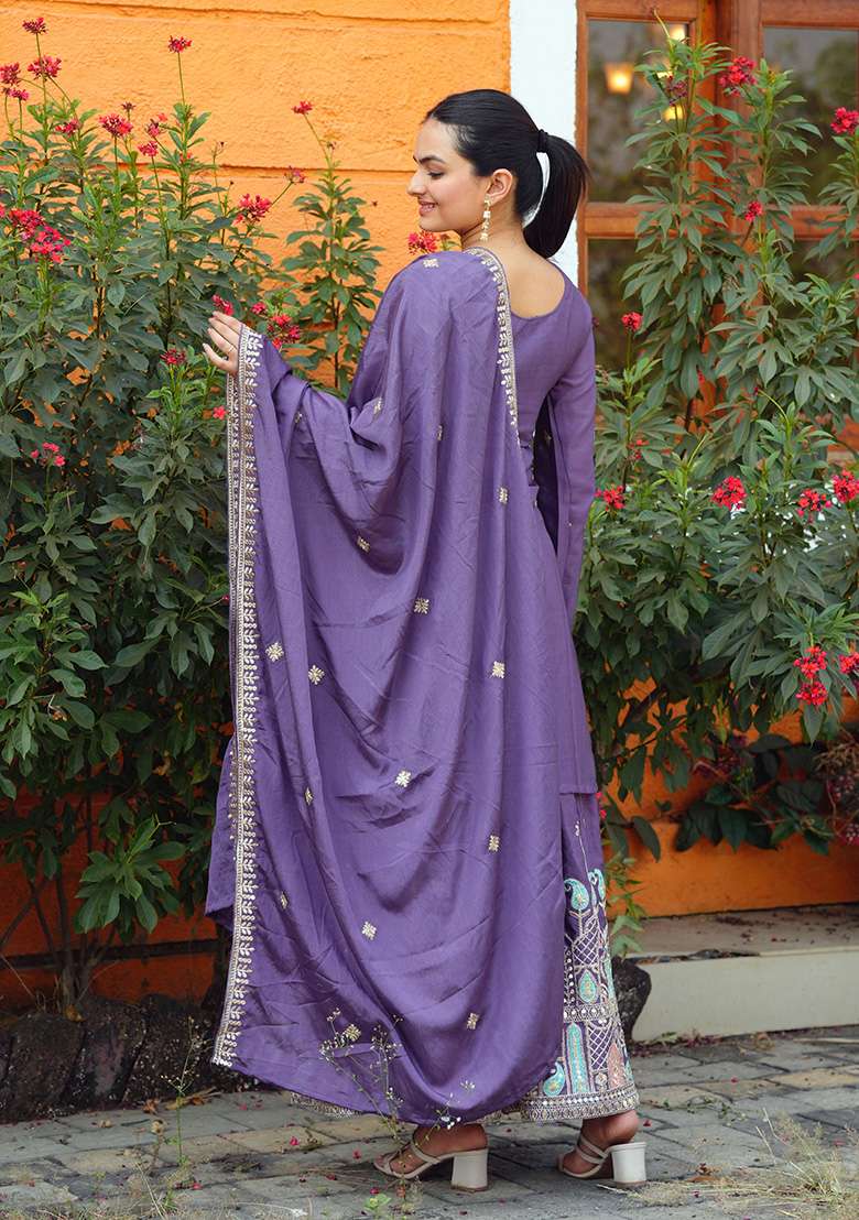 Lavender Embroidered Chinon Sharara Set - Indya
