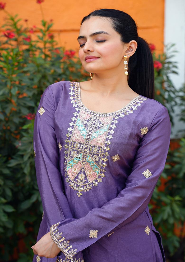 Lavender Embroidery Chinon Kurta Set - Indya