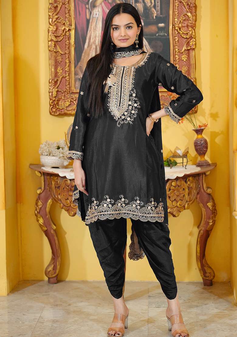 Black Embroidered Chinon Punjabi Suit - Indya