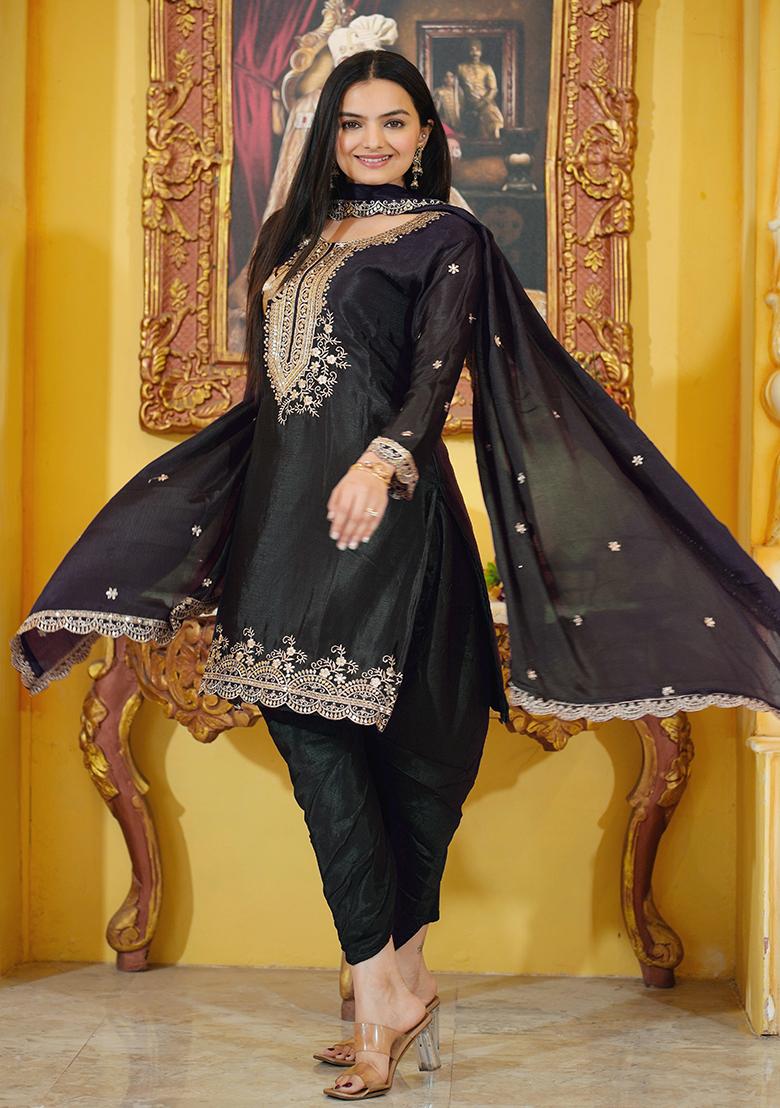 Black Embroidery Chinon Kurta With Dipatta - Indya
