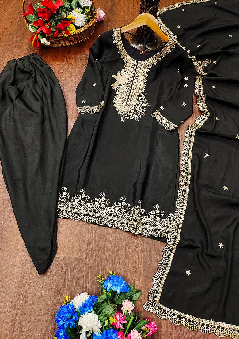 Black Embroidery Chinon Kurta With Dipatta - Indya