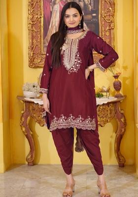 Maroon Embroidery Chinon Kurta With Dipatta