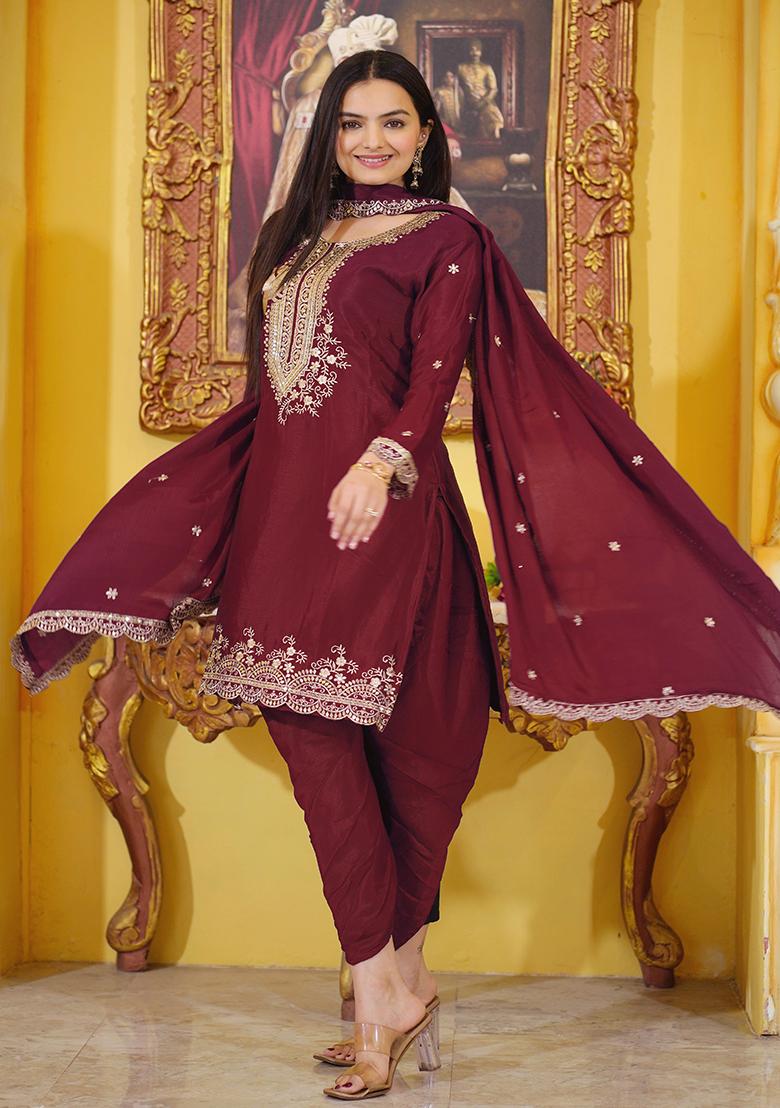 Maroon Embroidery Chinon Kurta With Dipatta - Indya