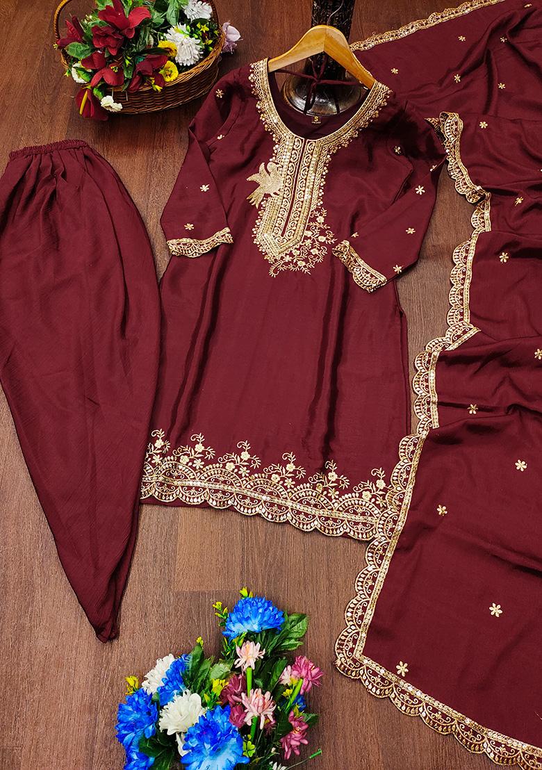 Maroon Embroidery Chinon Kurta With Dipatta - Indya