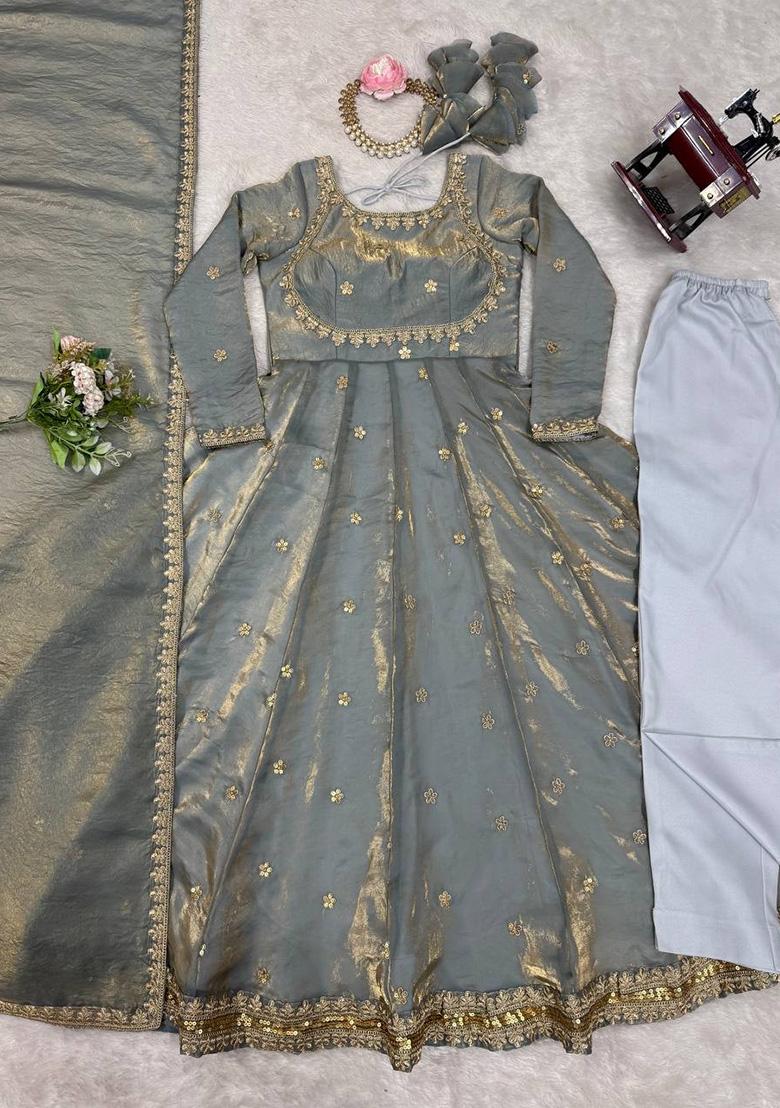 Grey Sequence Silk Kurta Set - Indya
