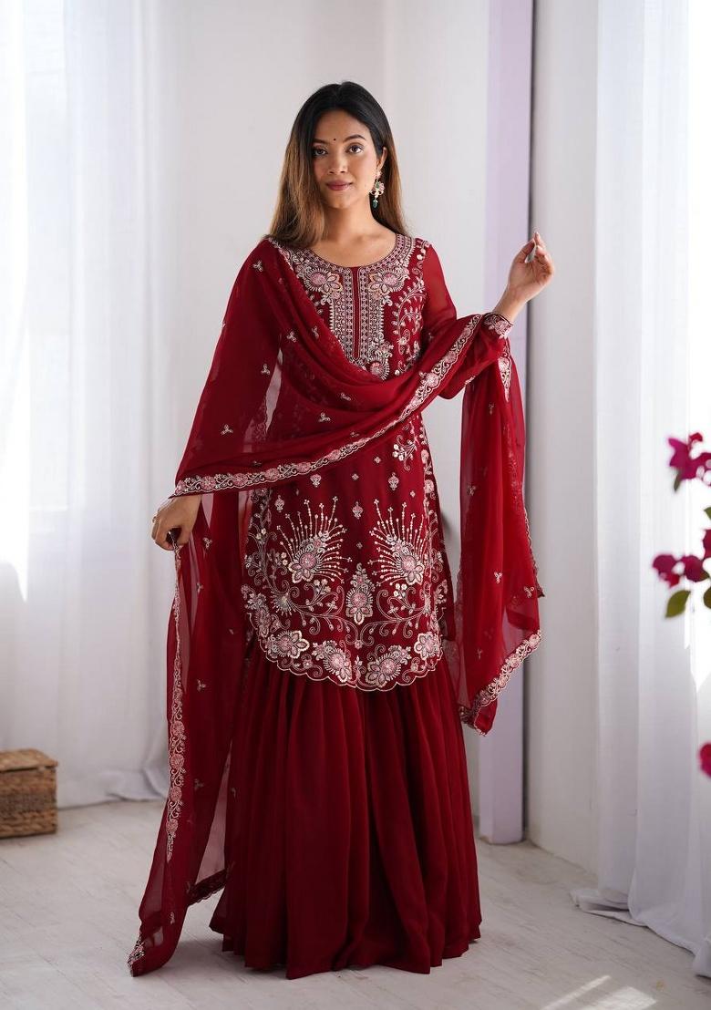 Maroon Sequence Georgette Kurta Set - Indya
