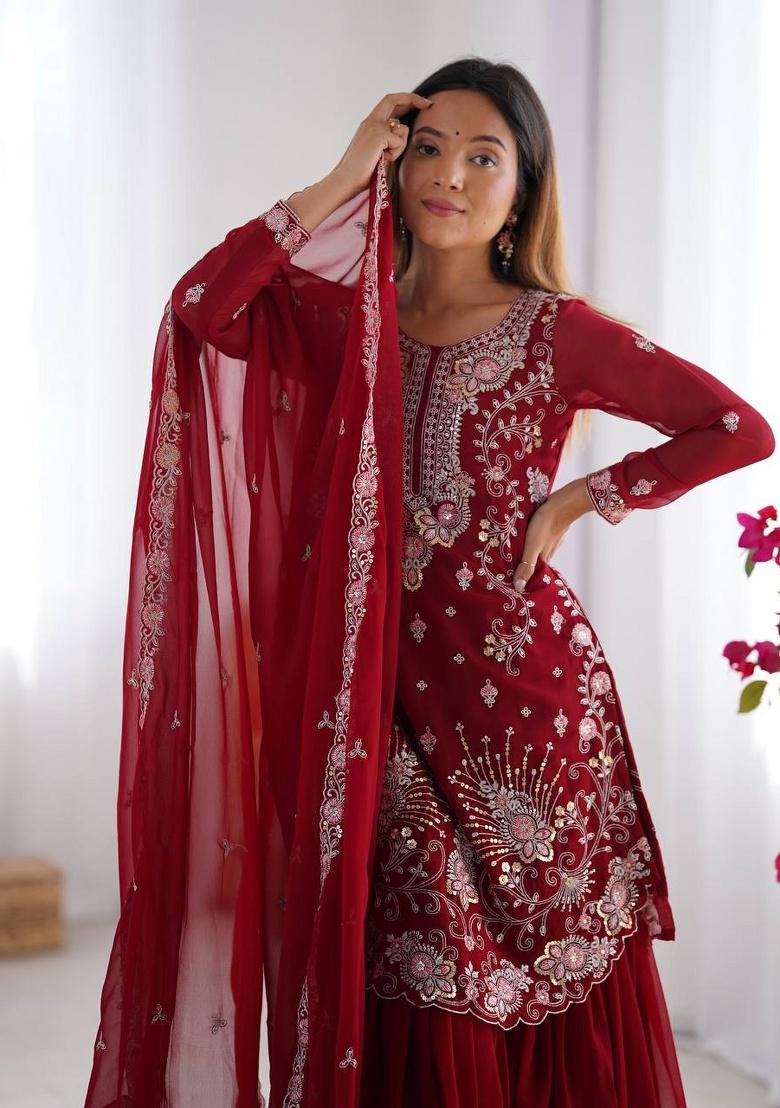 Maroon Sequence Georgette Kurta Set - Indya