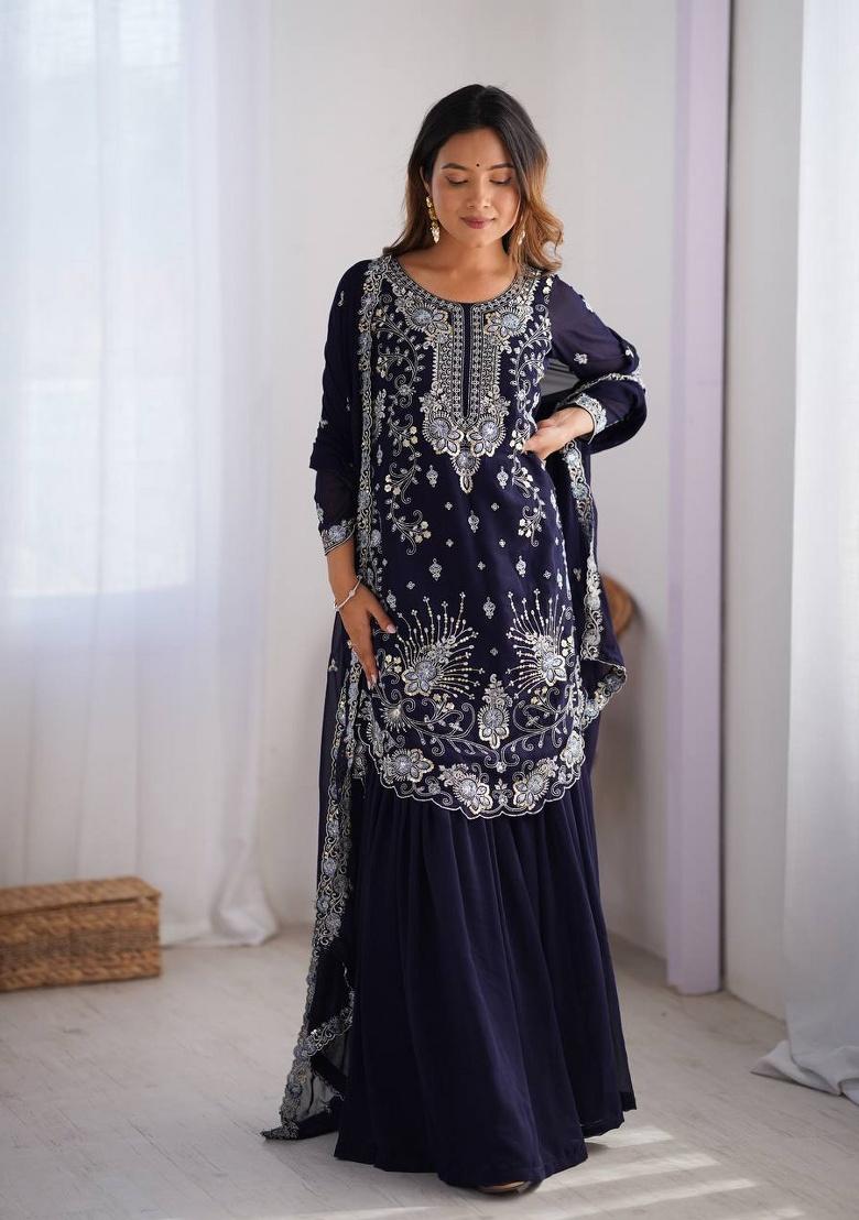 Navy Blue Sequence Georgette Kurta Set - Indya