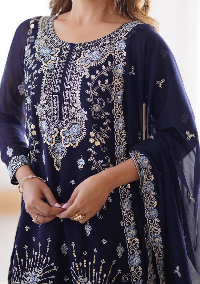 Navy Blue Sequence Georgette Kurta Set - Indya