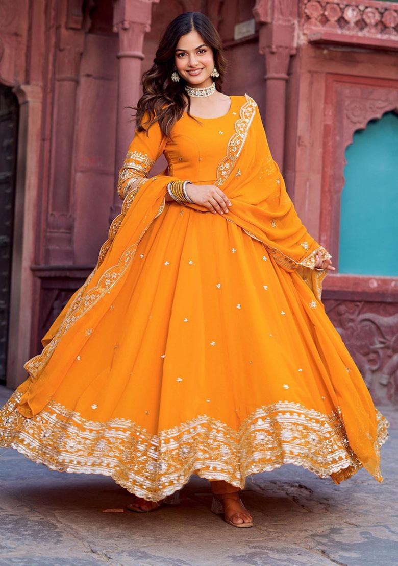 Mustard Sequence Georgette Kurta With Dipatta - Indya