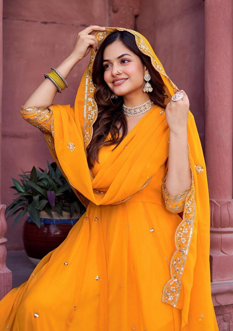 Mustard Sequence Georgette Kurta With Dipatta - Indya