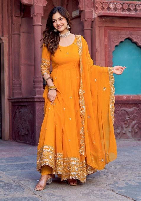 Mustard Sequence Georgette Kurta With Dipatta