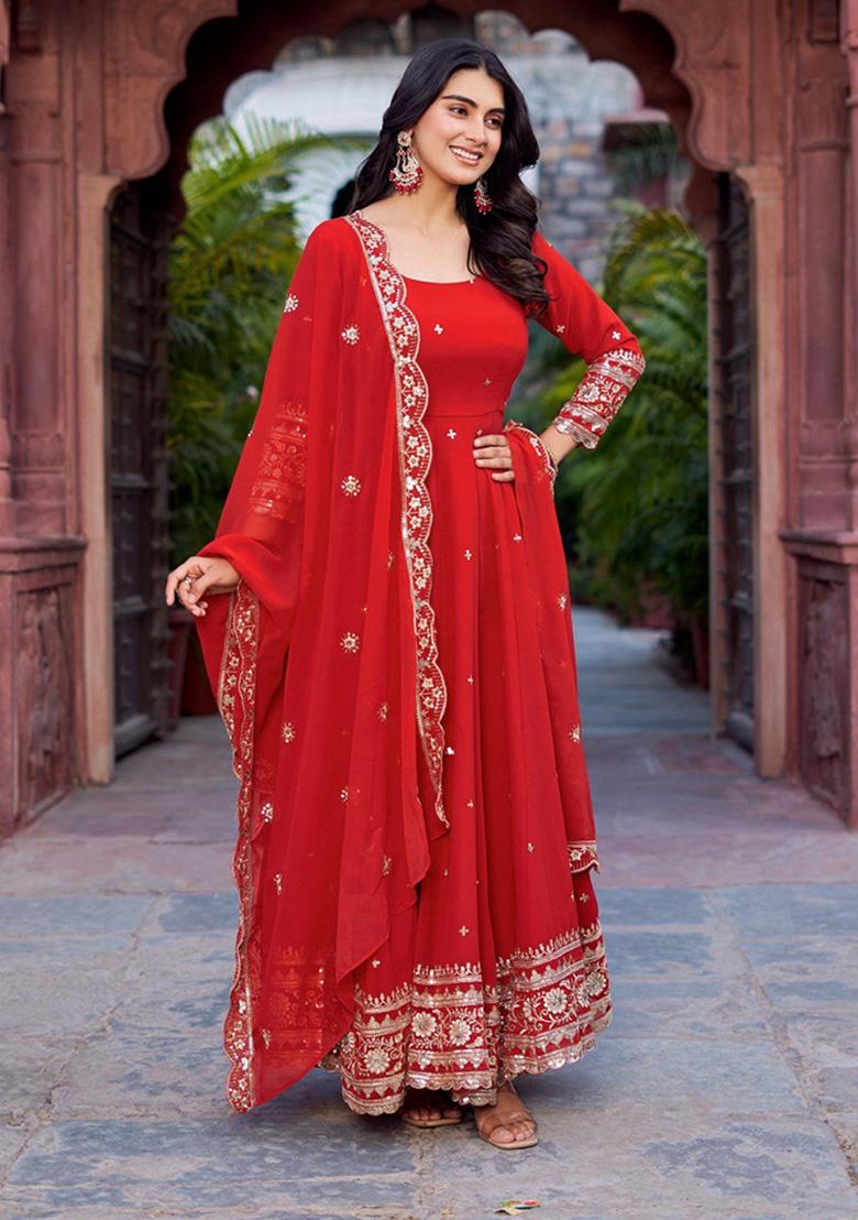 Red Sequence Georgette Kurta With Dipatta - Indya