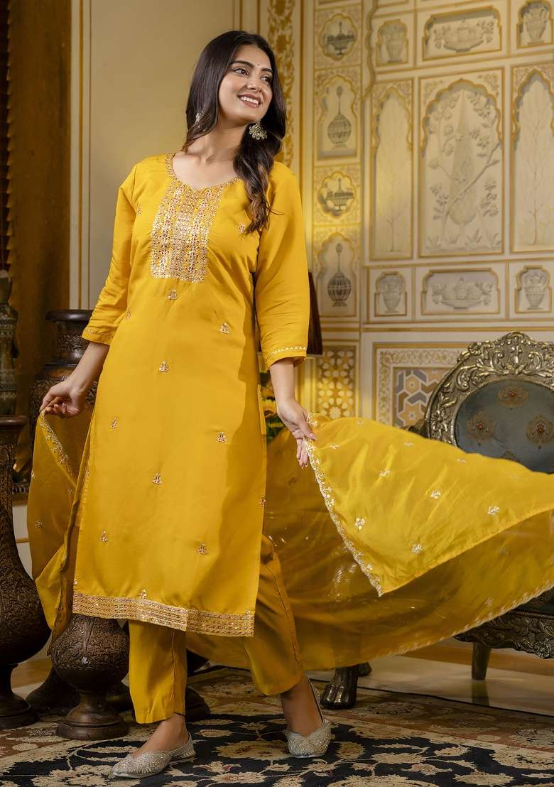 Mustard Embroidered Silk Blend Straight Kurta Set - Indya