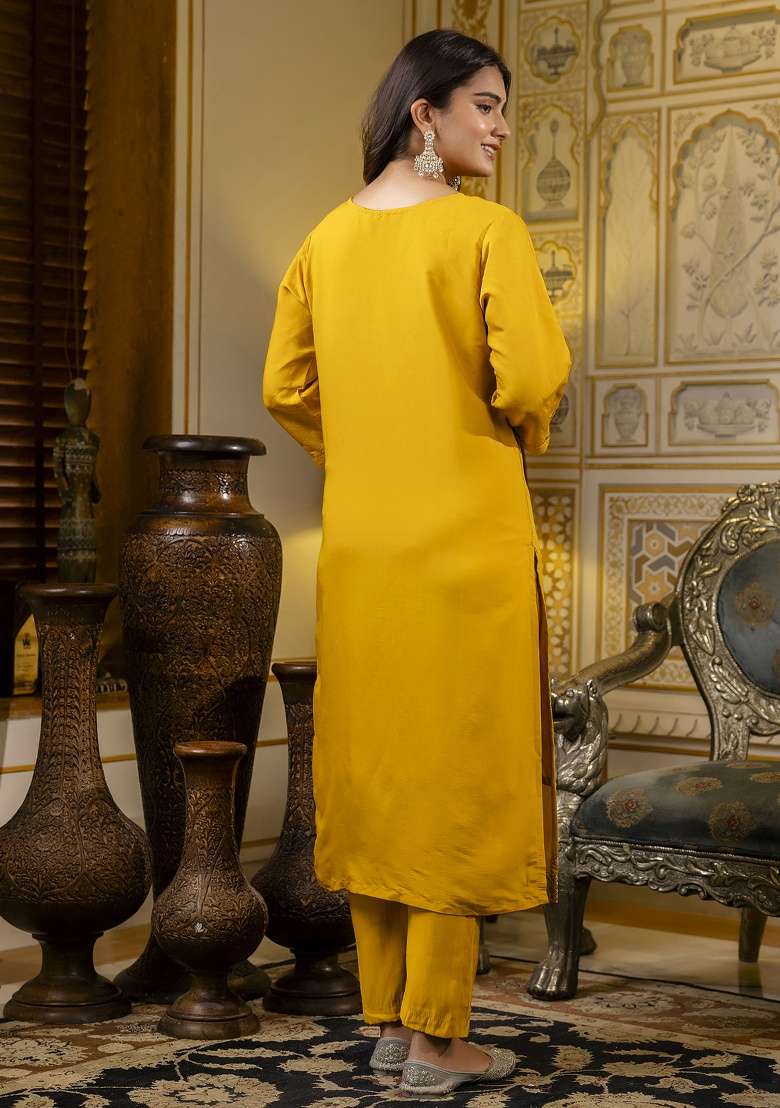Mustard Embroidered Silk Blend Straight Kurta Set - Indya