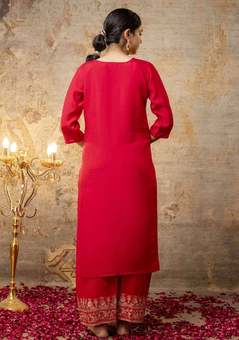 Pink Embroidered Silk Blend Straight Kurta Set - Indya