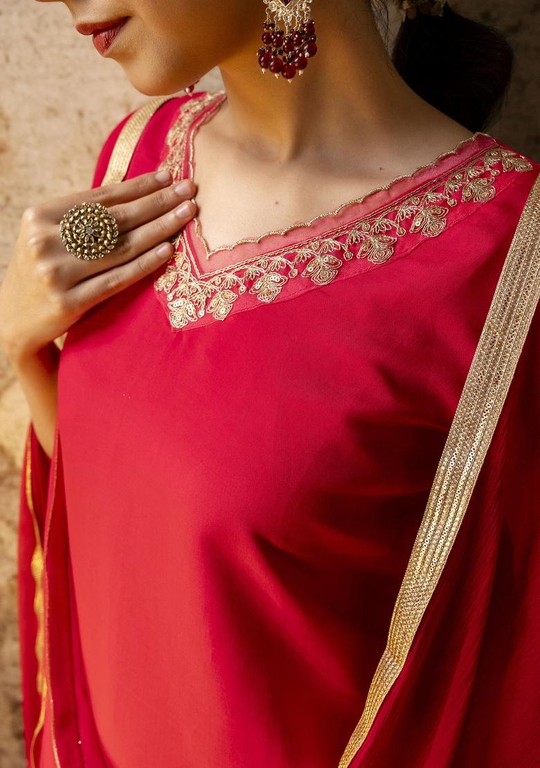 Pink Embroidery Silk Kurta Set - Indya