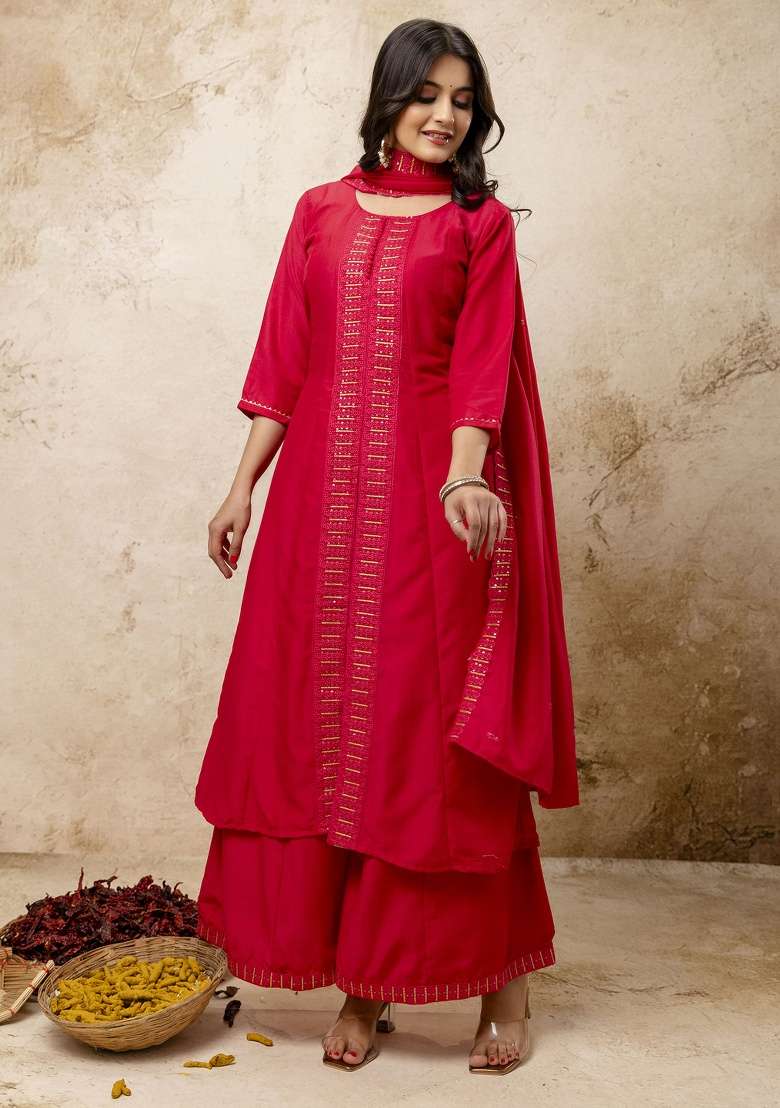 Pink Sequin Work Silk Blend Straight Kurta Set - Indya